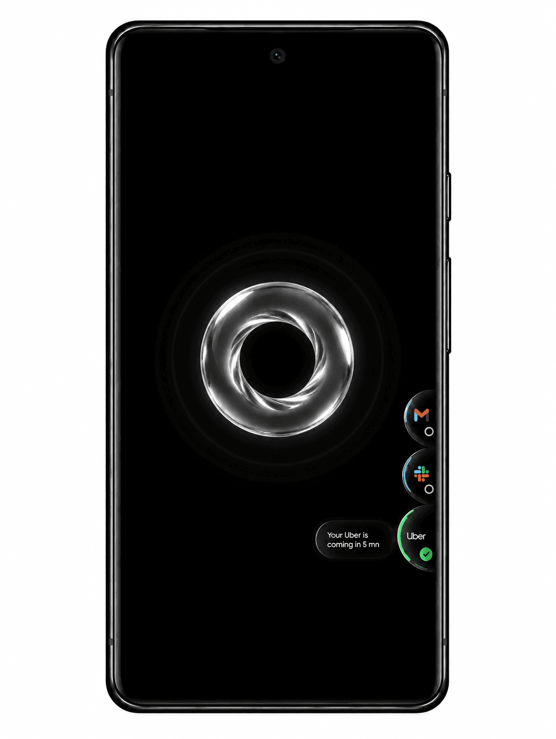 Phone interface with a chrome assistant ring, Gmail and Slack activity, and an Uber arrival notification.